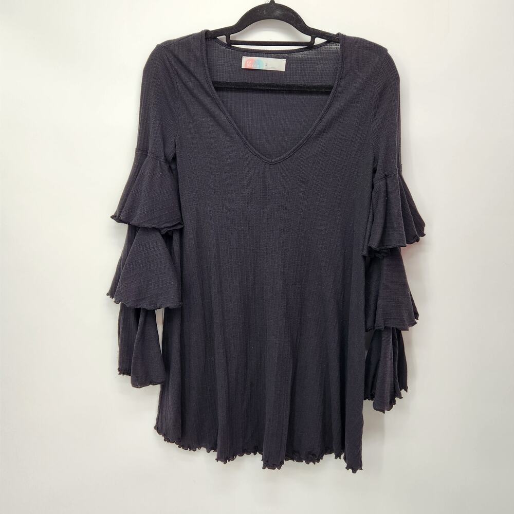 Free People Beach Black Tiered Flutter Sleeve Mini Oversized Dress Women's XS